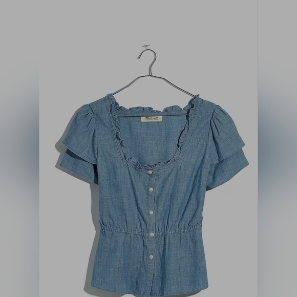 NWOT MADEWELL Chambray Ruffle-Sleeve Peplum Top S - Picture 4 of 11